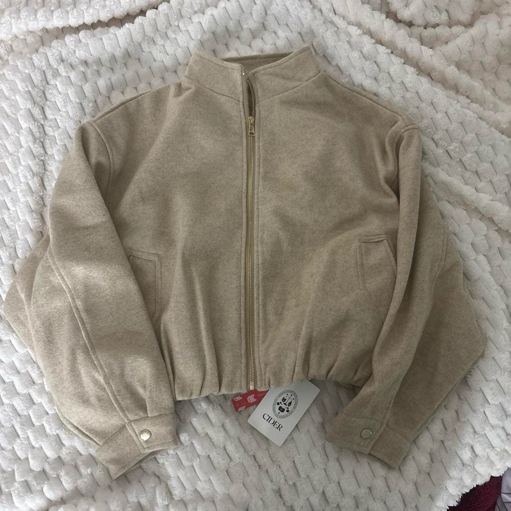 Cider Neutral Beige Cropped Zip Bomber Jacket